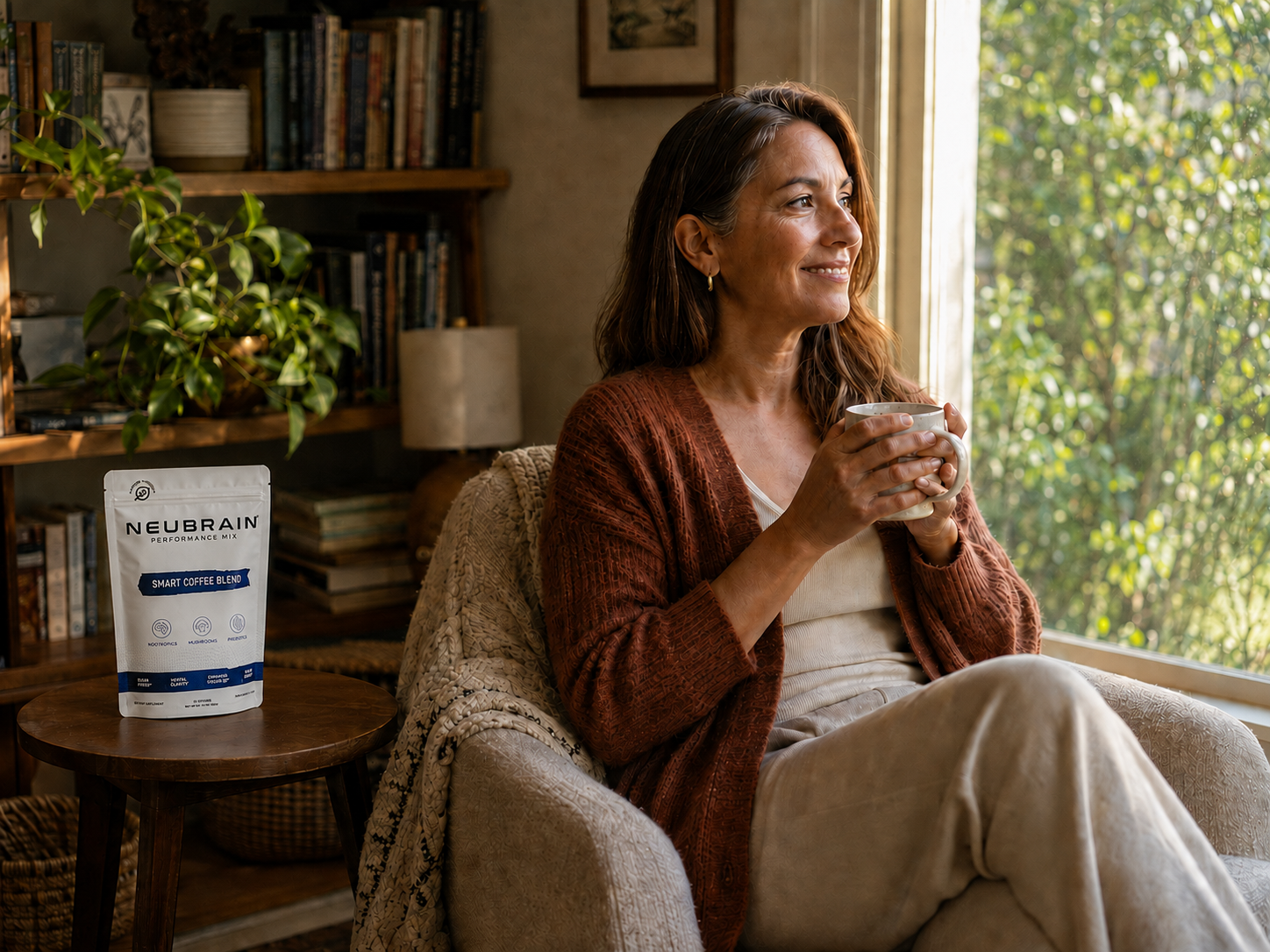 Mara smiling with one warm cup beside a NEUBRAIN Smart Coffee bag in her reading nook