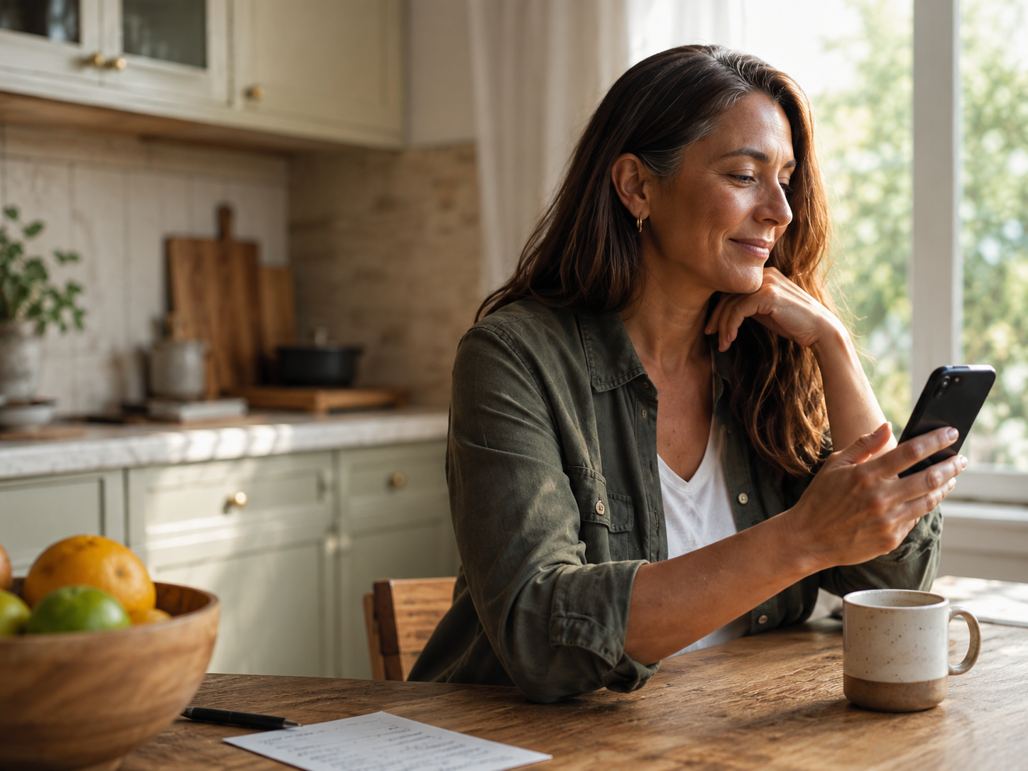 Mara reading product details on her phone at her home kitchen table beside one warm mug