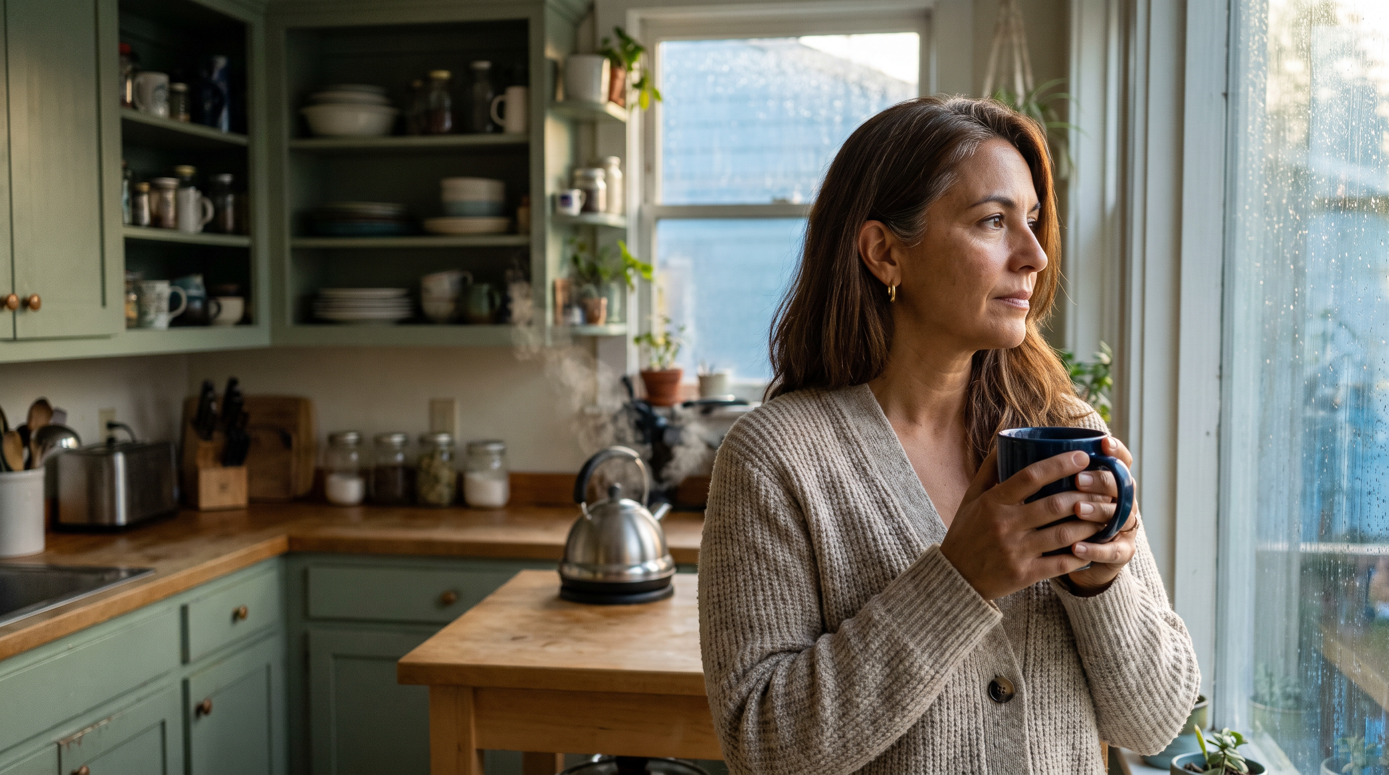 Mara enjoying a quiet first coffee in her kitchen