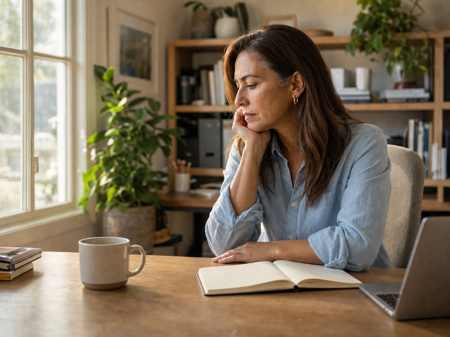 Mara at her home-office desk, pausing beside an empty coffee mug