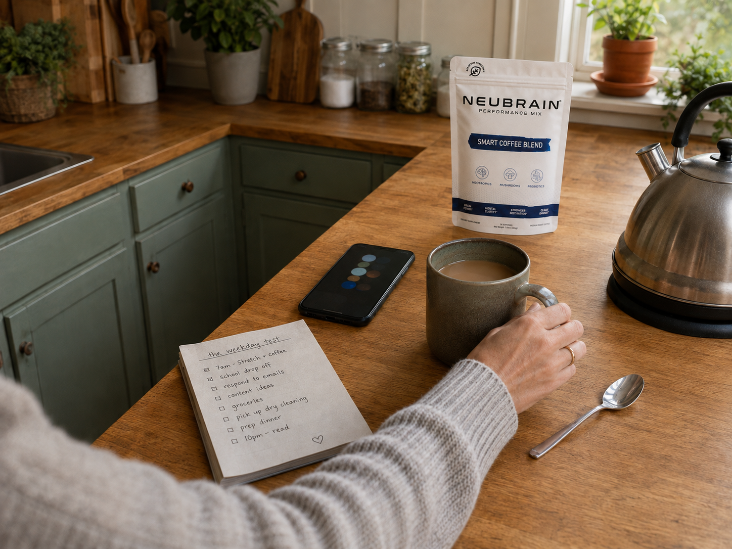A spacious weekday kitchen counter with a NEUBRAIN Smart Coffee bag, mug, handwritten list, phone, and kettle