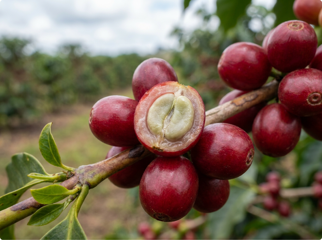 Ripe coffee cherries on a branch, one opened to show the coffee beans inside