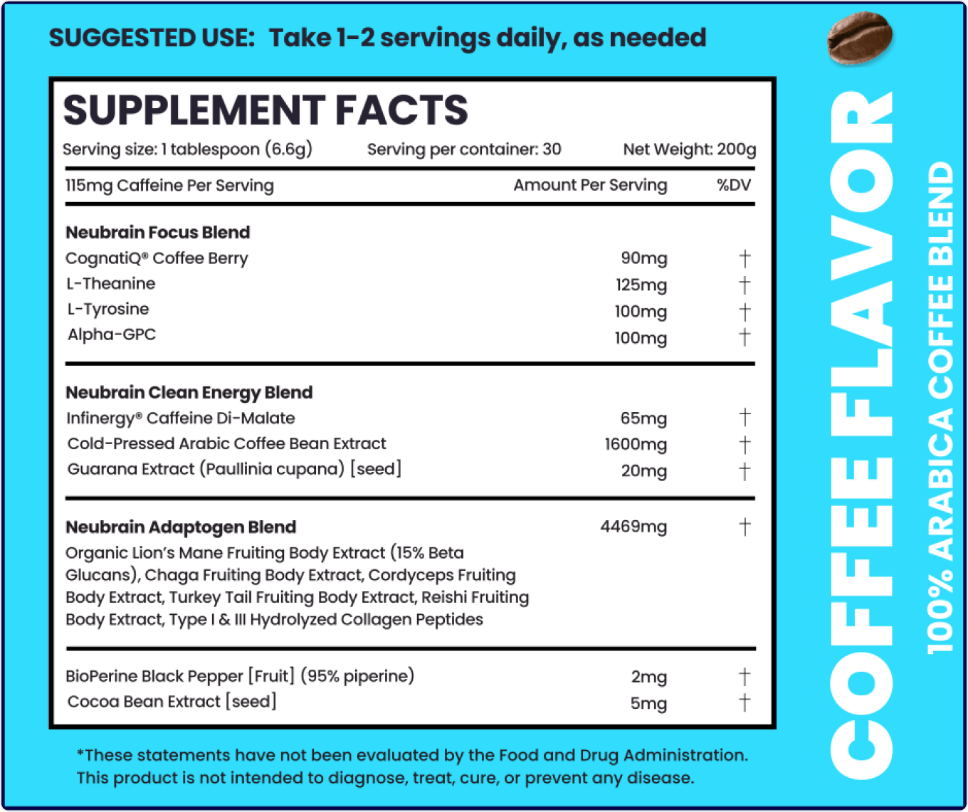 Smart Coffee Supplement Facts panel showing serving size, caffeine, and listed ingredients