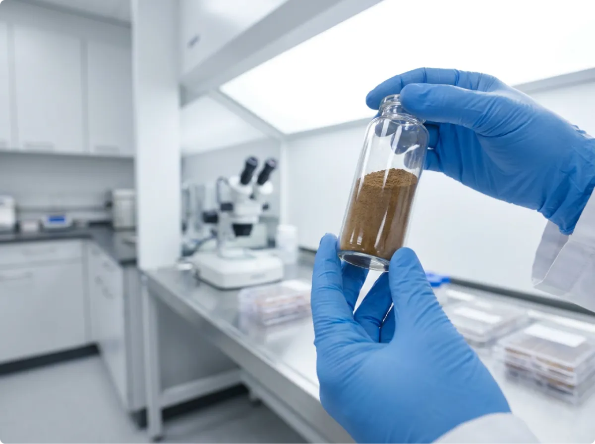 Gloved hands holding a vial with coffee powder in a bright laboratory
